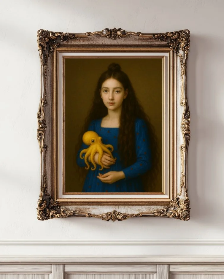 Surreal portrait painting of a young girl in a blue dress holding a small yellow octopus, set in an ornate gold frame.