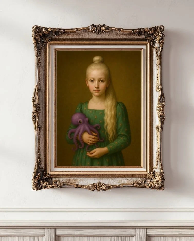 Surreal portrait painting of a young girl in a green dress holding a purple octopus, set in an ornate gold frame.