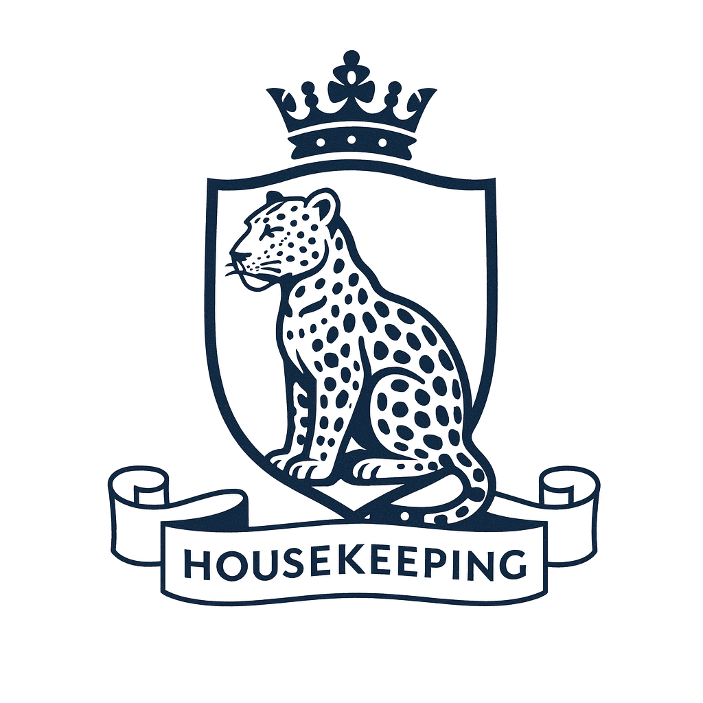 A logo with a blue leopard inside a crest, a crown on top, and a ribbon below that reads 'Housekeeping'.
