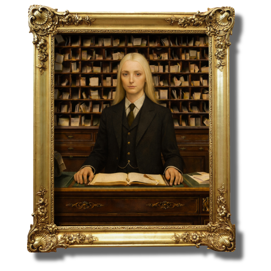 A woman with long blonde hair in a vintage hotel setting,  at the concierge desk with a guest ledger, framed by an ornate gold frame.