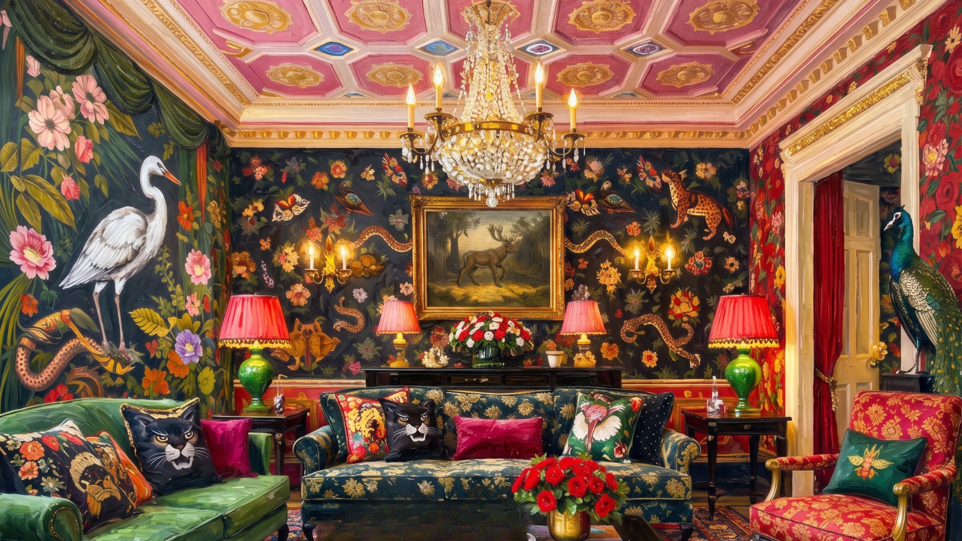A lavish living room with dark floral wallpaper featuring birds and butterflies, ornate furniture with colorful cushions, a chandelier, pink lamps, a painting of a deer, and a variety of vibrant decorative elements.