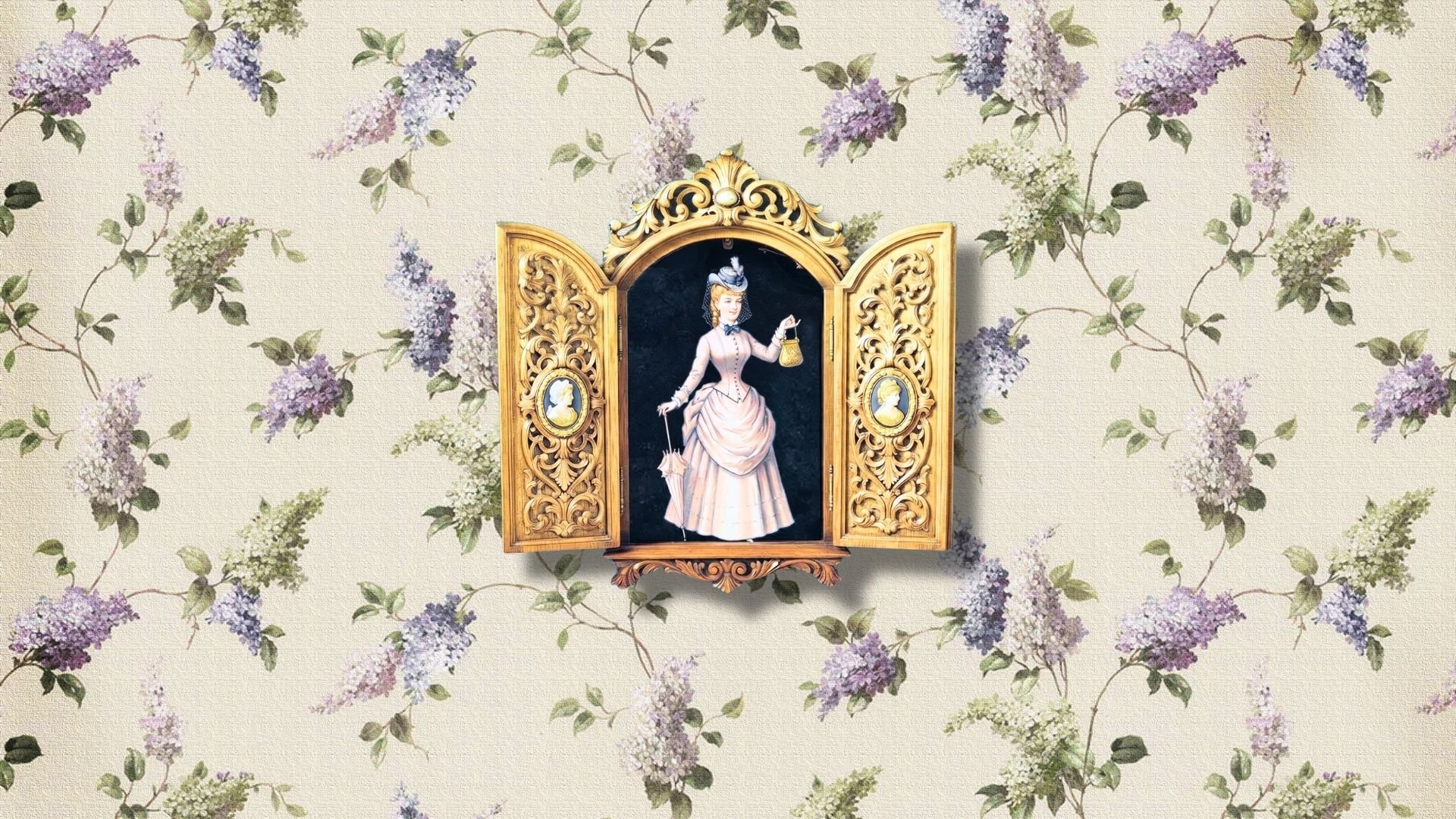 A vintage wall clock with a portrait of a woman in a Victorian dress holding a purse and an umbrella, set against wallpaper with purple and white flowers and green leaves.
