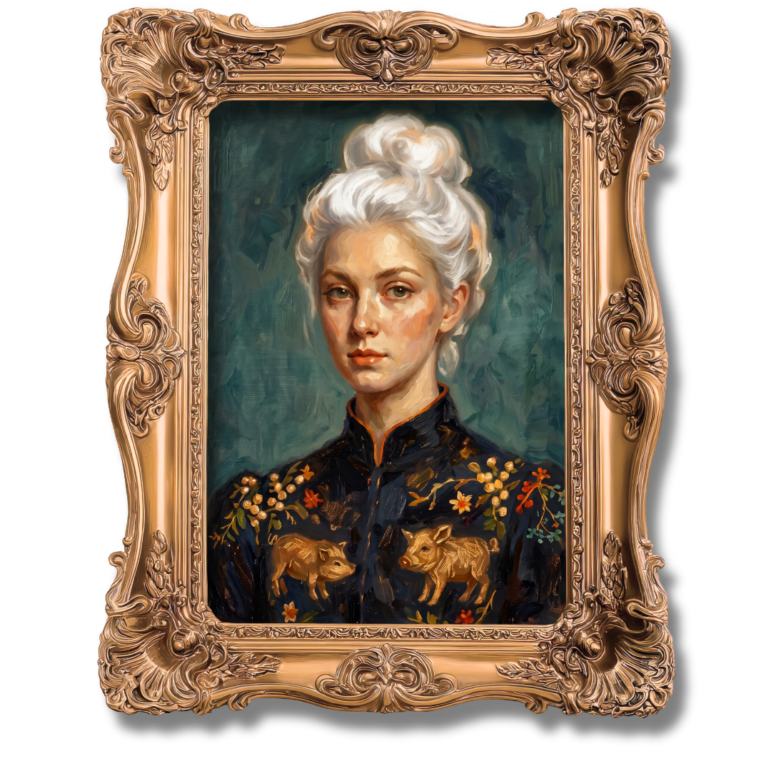 A painting of a woman with white hair styled in a high bun, wearing a black embroidered top with gold and red flower and animal motifs, inside an ornate gold frame.