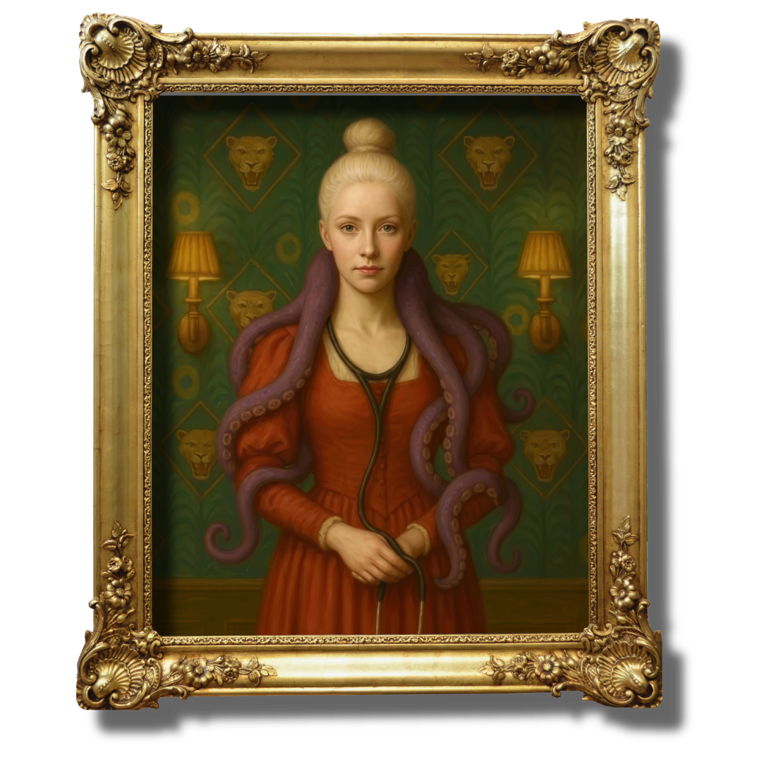 A painting of a young woman with blonde hair in a bun, wearing a red dress, with purple tentacles around her shoulders. The background features lion masks and two wall lamps, all framed in an ornate gold frame.