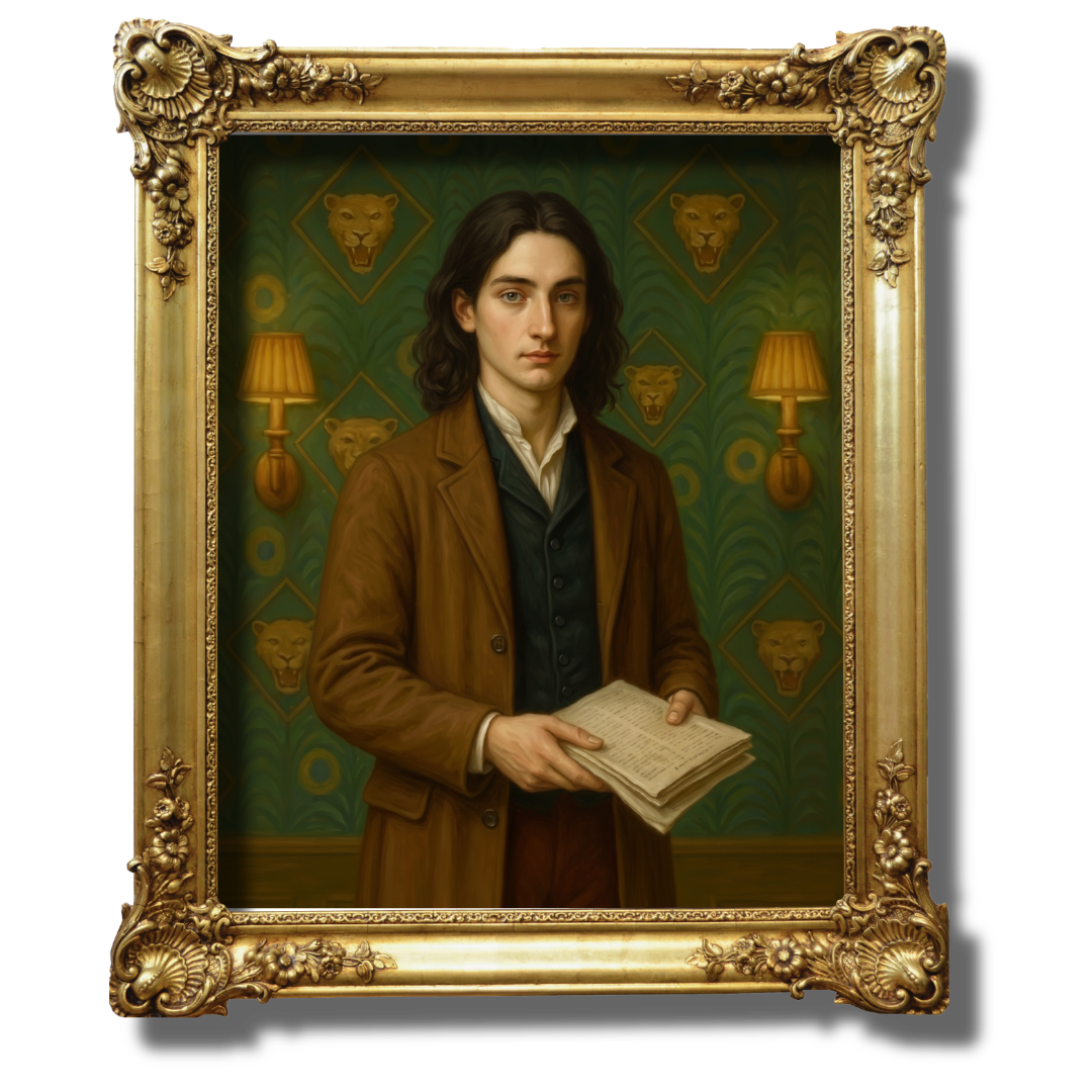 A young man with long dark hair, wearing a brown coat and holding papers, stands inside an ornate gold frame. The background features green wallpaper with lion portraits and wall-mounted lamps.