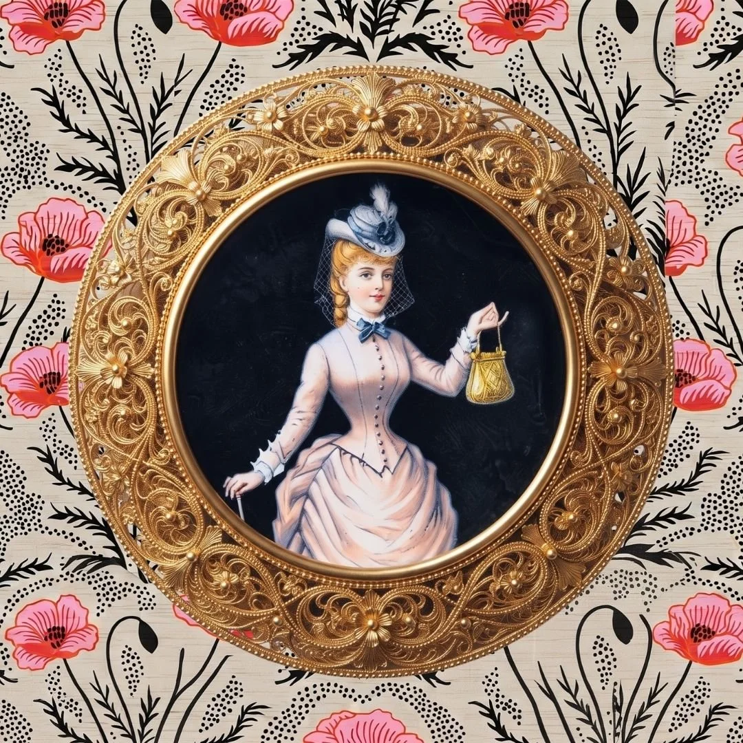 An oval portrait of a woman in old-fashioned attire, holding a small purse, framed with an ornate gold decorative border, on a background with pink flowers and black floral patterns.