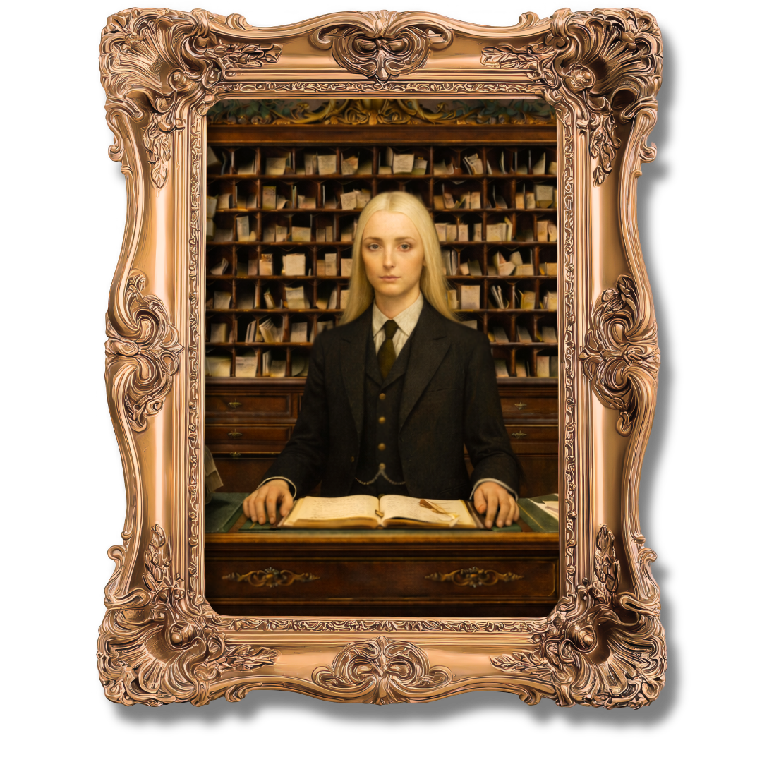 Young woman with long blonde hair in vintage library behind ornate gold picture frame
