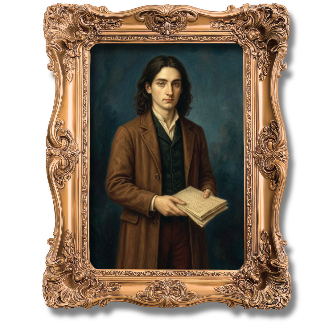 A classical portrait of a young man with dark, wavy hair, wearing a brown coat and white shirt, holding a stack of papers or a book, set in an ornate gold frame.