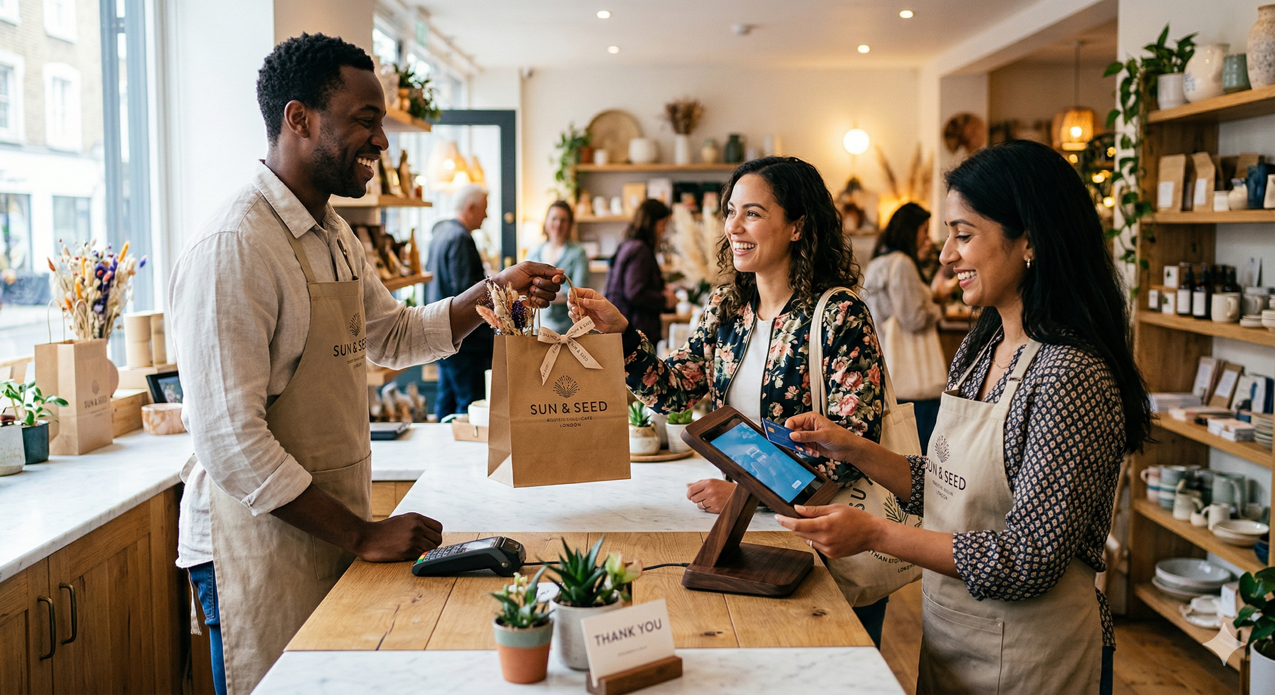 A smiling shop clerk hands a brown paper bag to a happy female customer at the counter of a cozy retail store, with another employee using a tablet nearby. The store has wooden shelves stocked with ceramic mugs and small decorative items, and other customers browsing in the background.