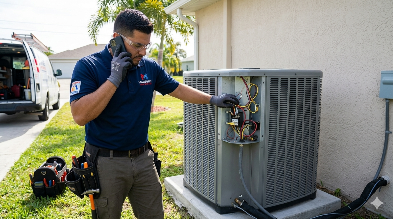 Technician repairing or inspecting an air conditioning unit outside a house, talking on the phone, wearing safety glasses and gloves, with tools on his belt.