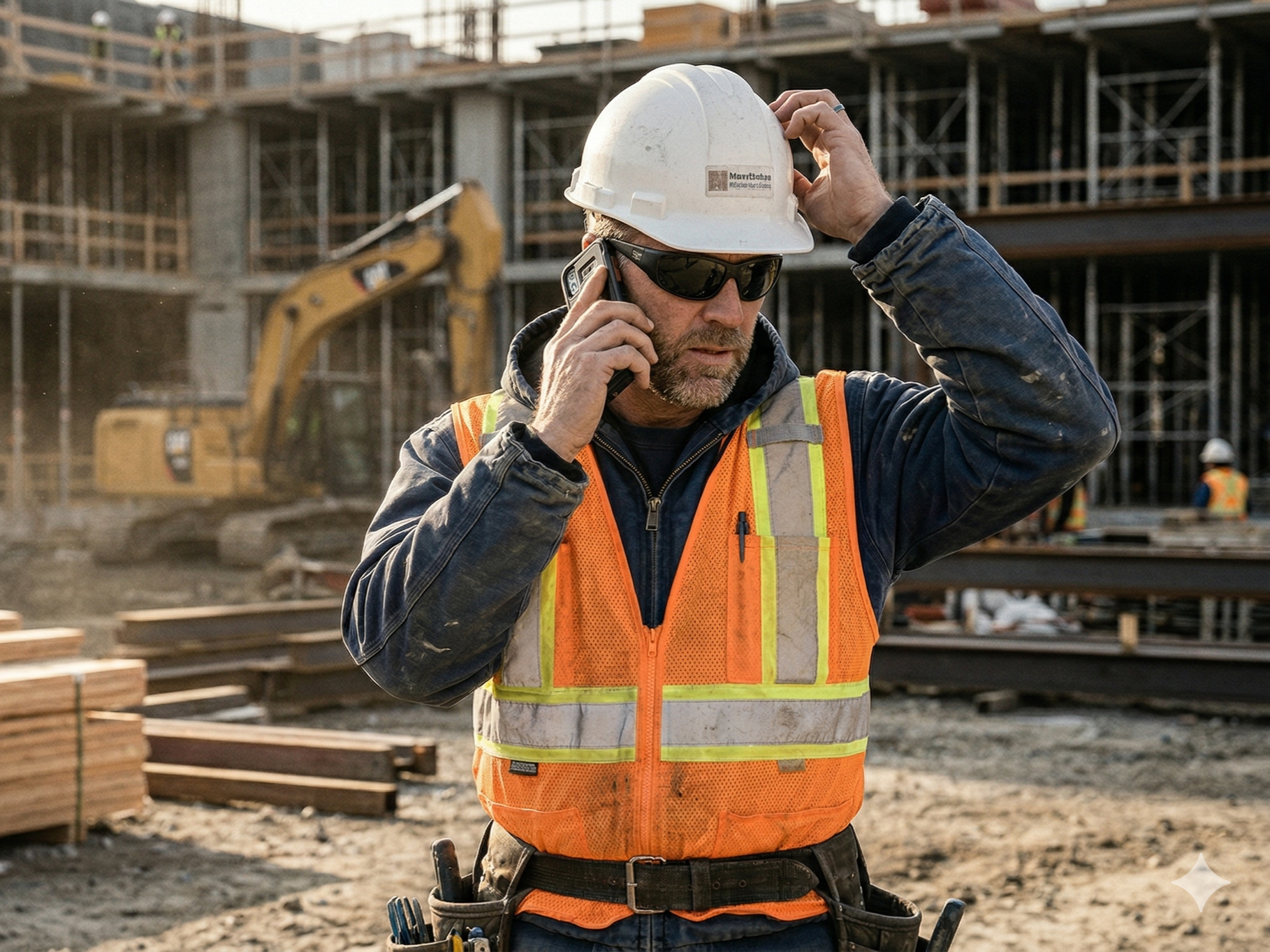 A construction worker with sunglasses and a white safety helmet talking on a cellphone at a construction site, with a yellow excavator and unfinished building structure in the background.