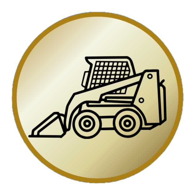 Line drawing of a compact loader with a front bucket and a protective grid over the operator's seat, inside a gold circular border.