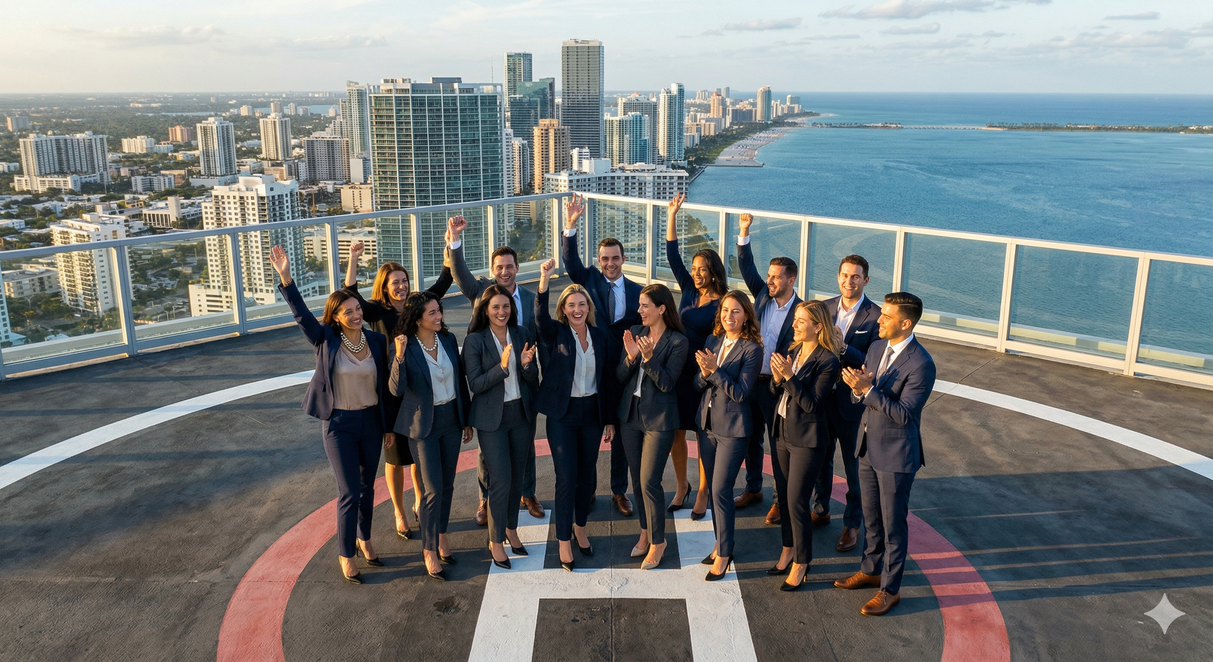 A diverse group of business professionals in suits celebrating on a rooftop helipad with a city skyline and ocean in the background.