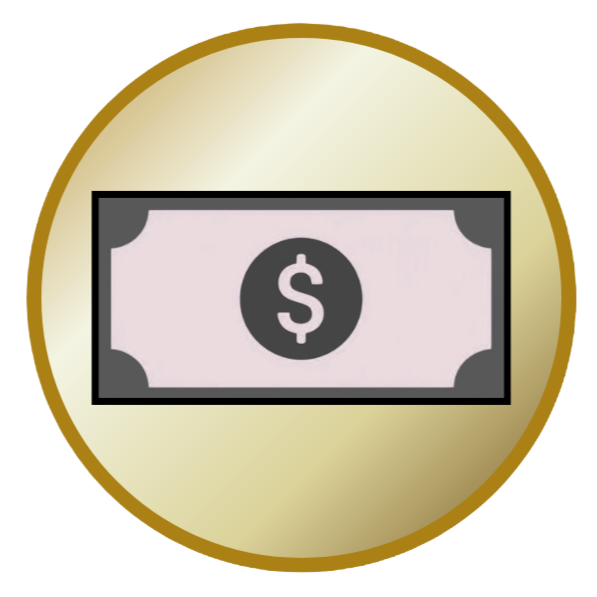 A dollar bill with a dollar symbol in the center, enclosed in a gold circular border.