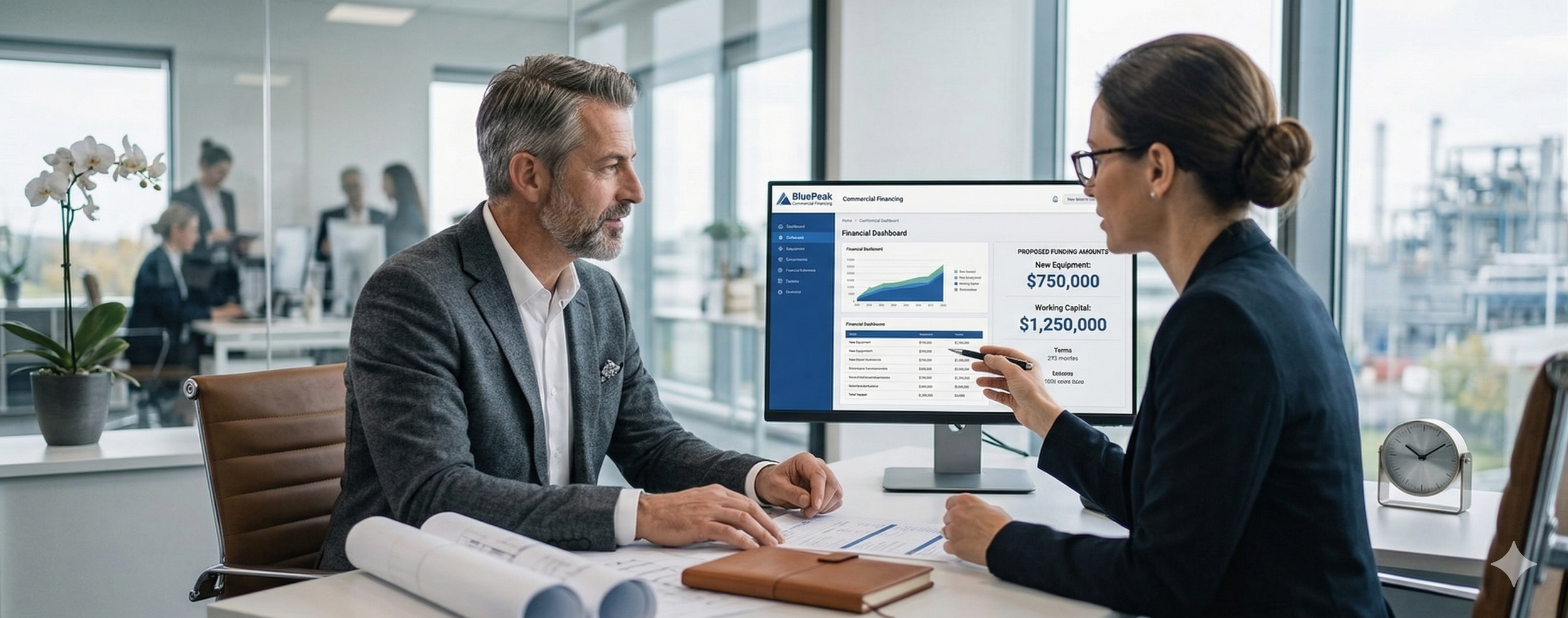 A man and woman having a business meeting in an office, discussing financial data on a computer screen, with a glass wall and other employees in the background.