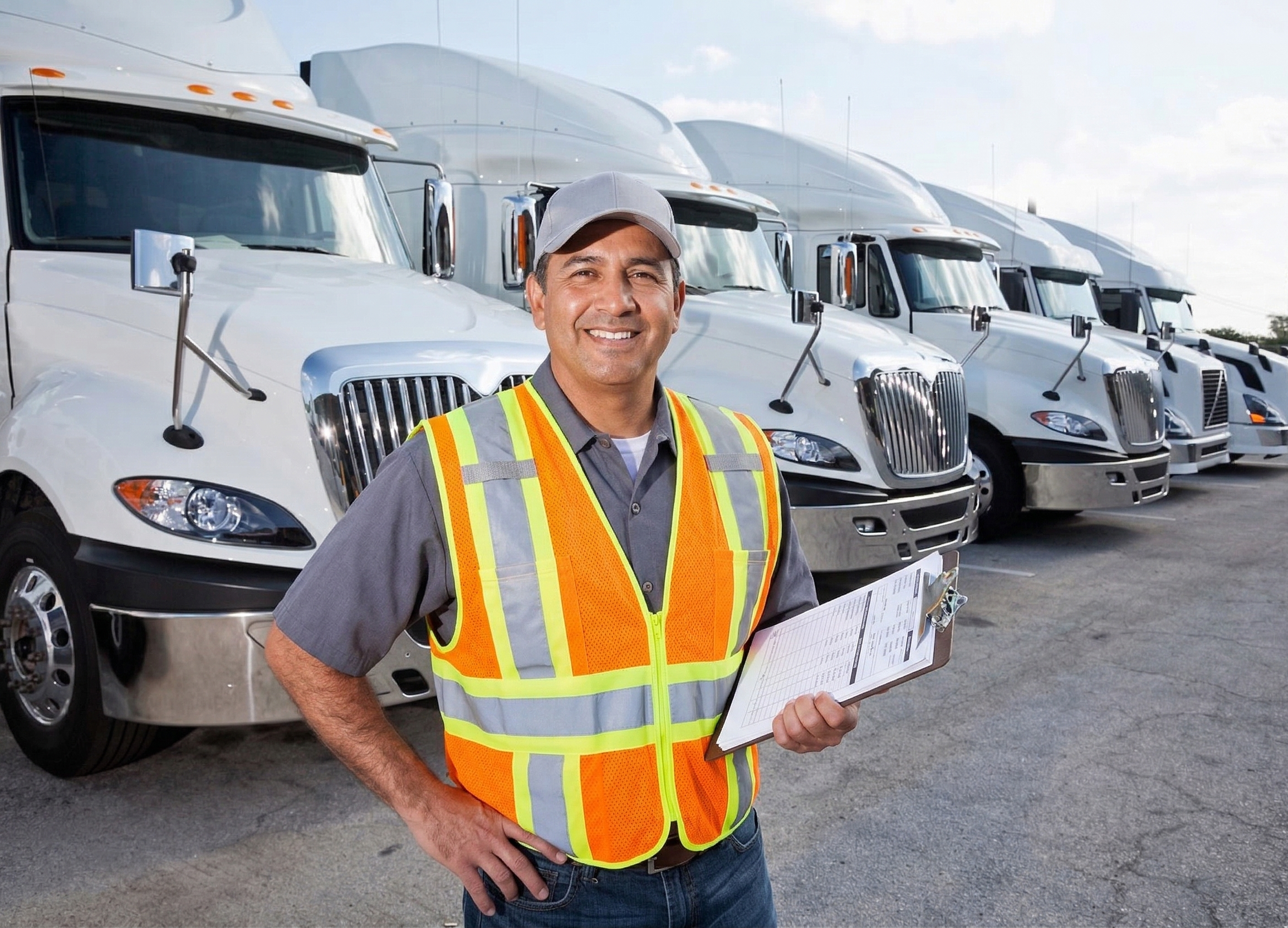 A smiling man wearing a reflective safety vest and holding a clipboard stands in front of a line of white semi-trucks.