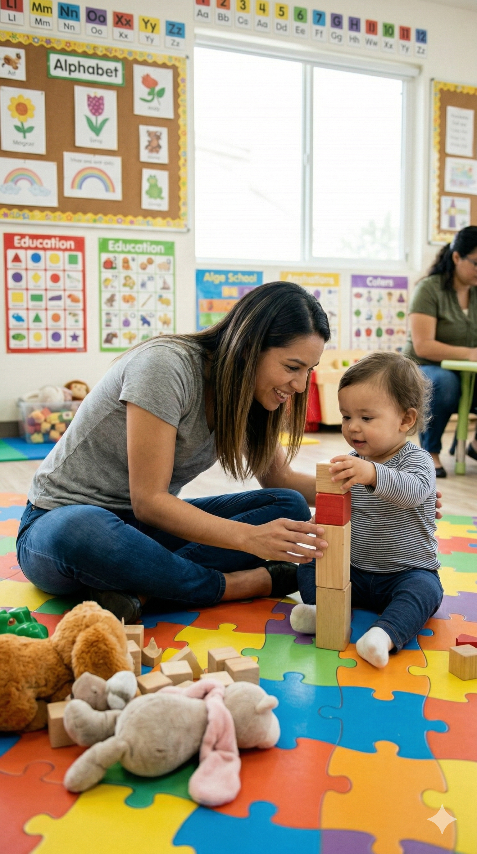 A teacher and a young child playing with wooden blocks on a colorful foam puzzle mat in a classroom. The classroom has educational posters and charts on the walls, including the alphabet, colors, and animals, and there are stuffed animals on the floor.