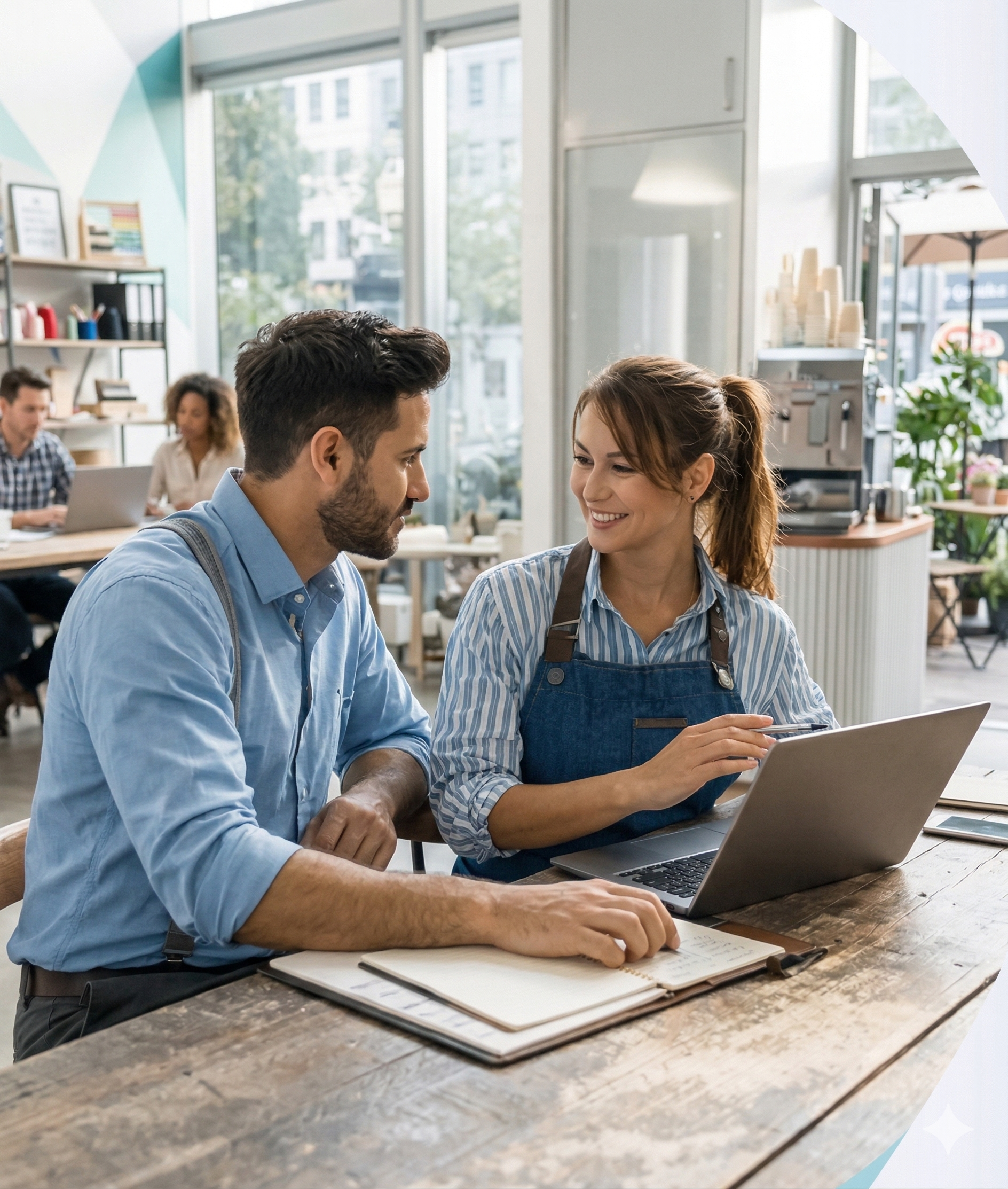 A man and a woman working together at a cafe, looking at a laptop and smiling, with notebooks on the table.
