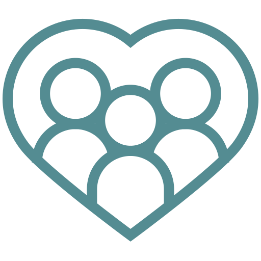 An icon of a heart shape with a group of five people inside, representing community or social connection.