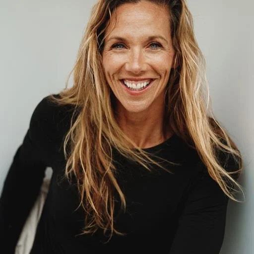 A woman with long blonde hair smiling, wearing a black top, sitting against a plain background.