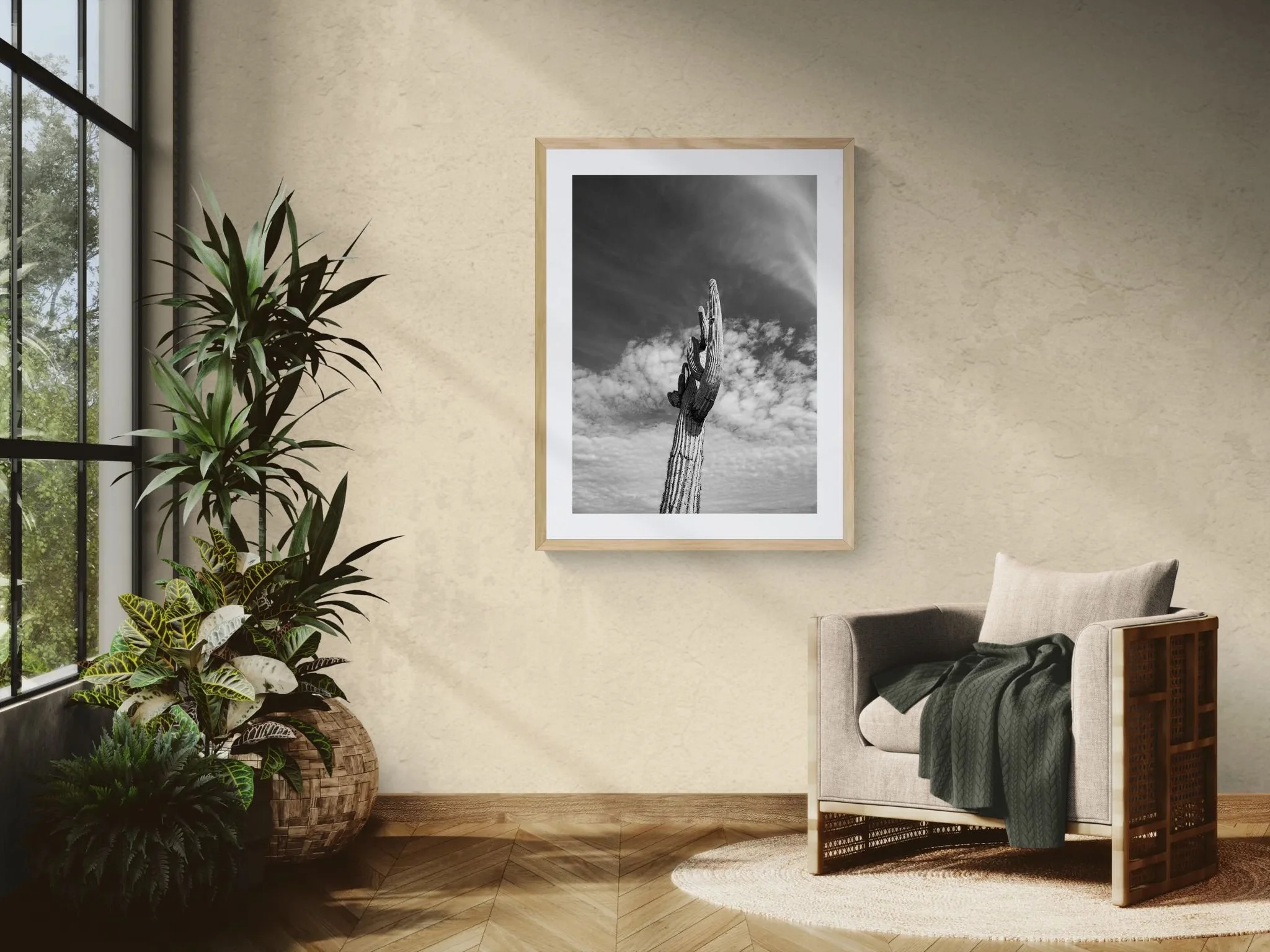 Sunlit room with an armchair and tropical plants.jpeg