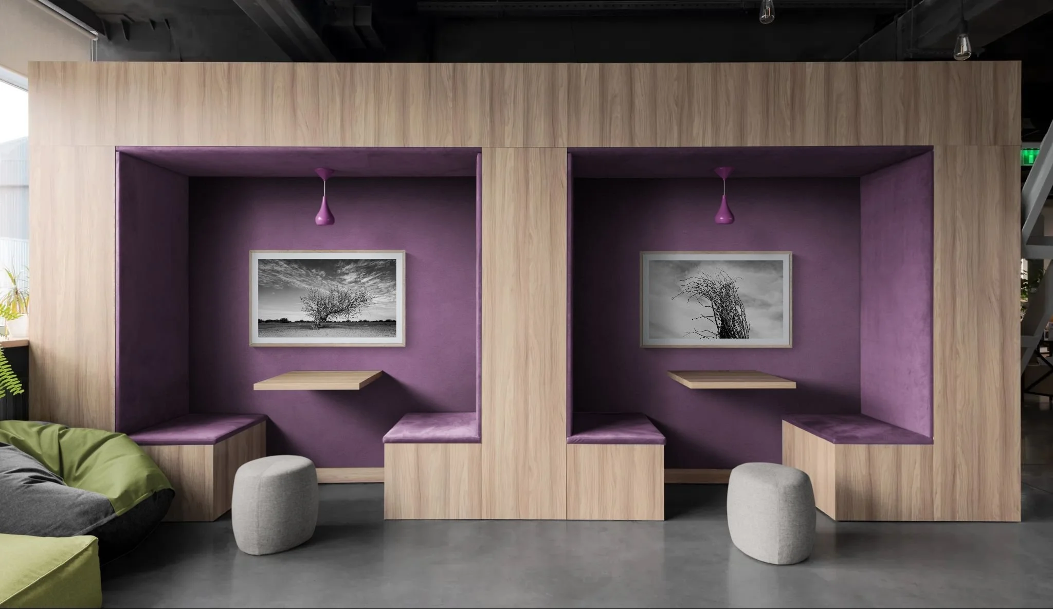 Modern office with pods and a bean bag.jpeg