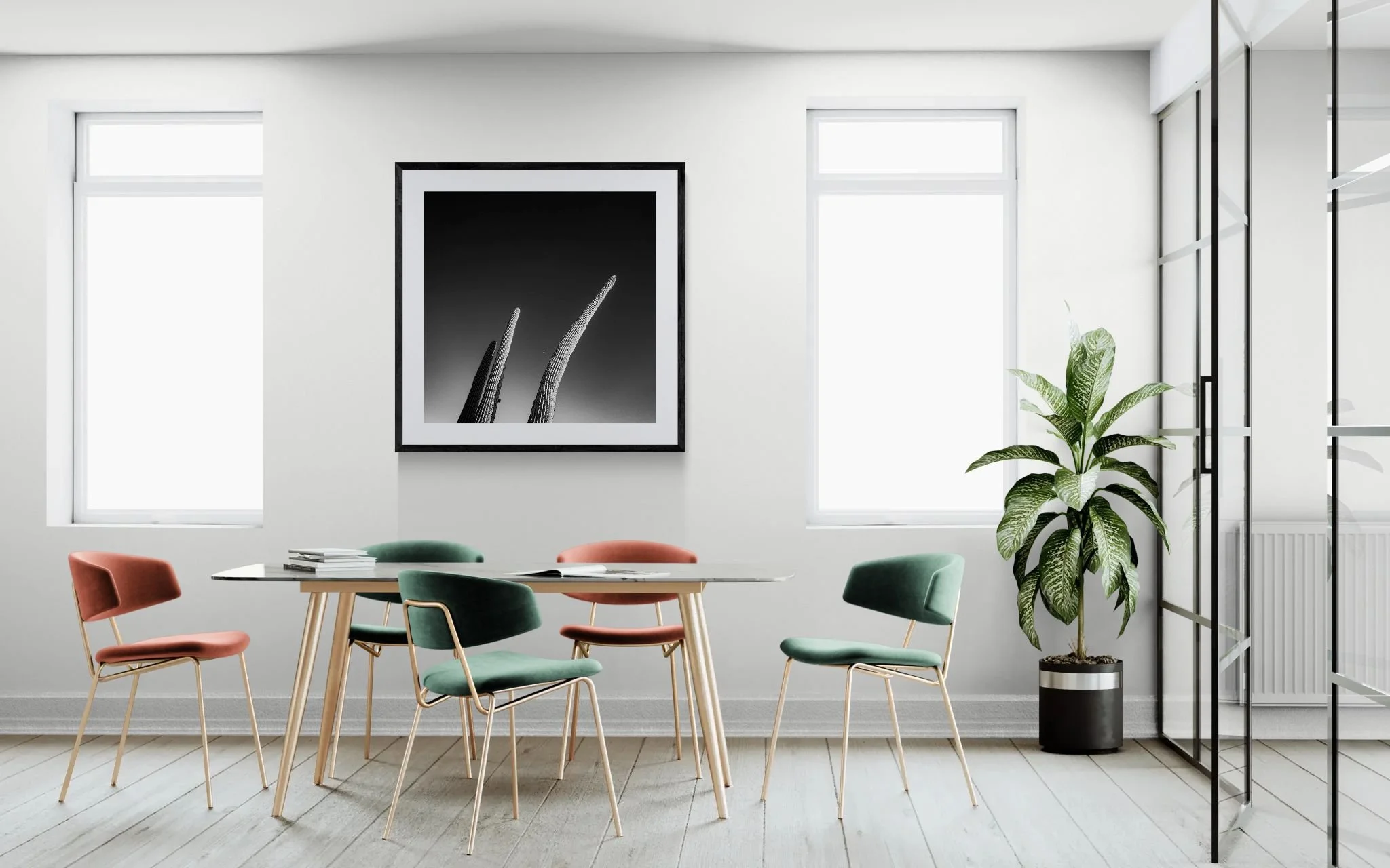 Modern dining area with large plant.jpeg