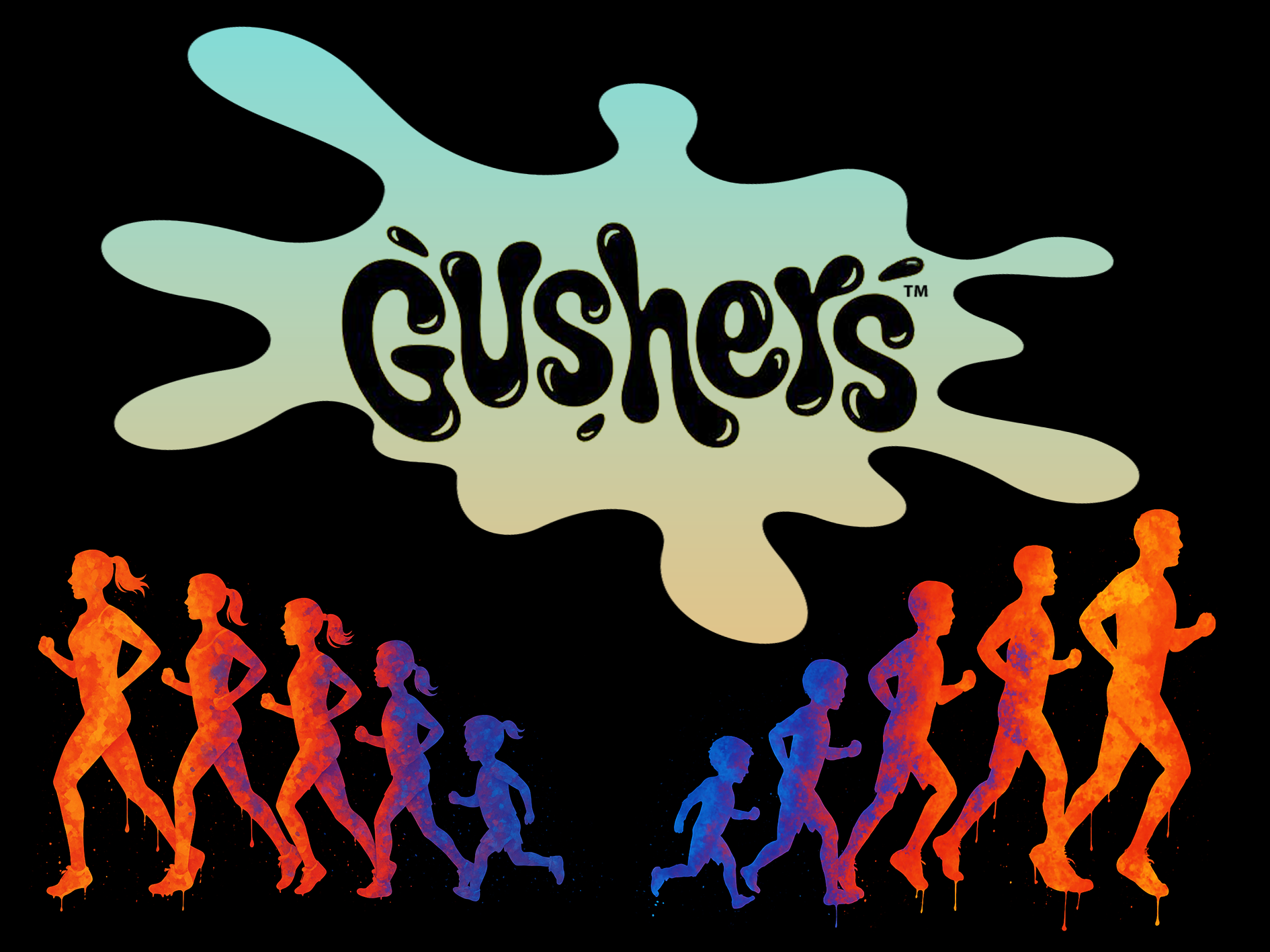 Colorful graphic with the Gushers logo at the top and silhouettes of women and girls roller skating in a line below, transitioning from red to blue.