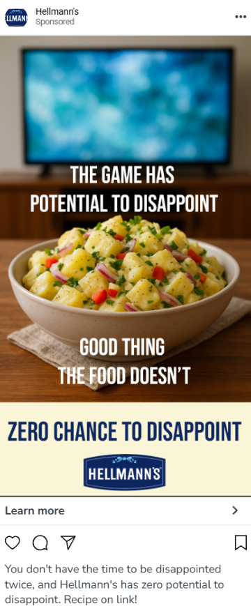 Advertisement for Hellmann's mayonnaise showing a bowl of potato salad in front of a TV screen, with text emphasizing that good food doesn't have to disappoint.