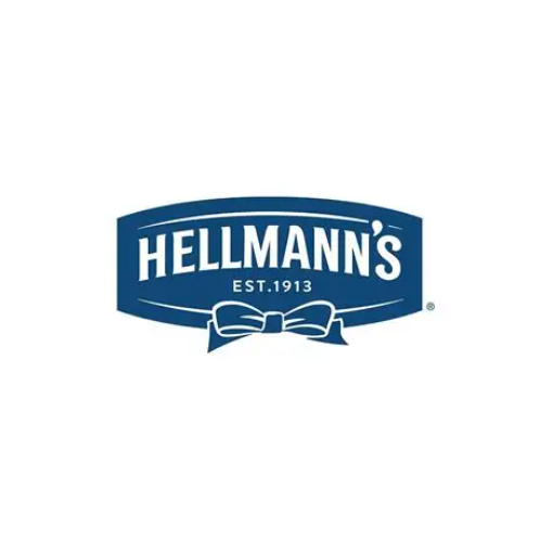 Hellmann's logo with blue background, white text, and a bow tie design, established 1913.