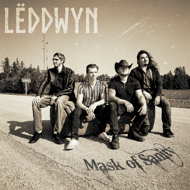 Four band members sitting on a road with a rural landscape background, the band name 'Lëdwyñ' at the top and the album title 'Mask of Sanity' at the bottom.