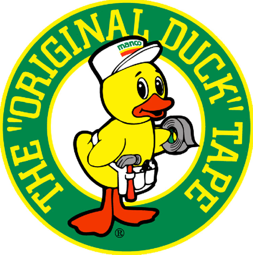 A cartoon rubber duck wearing a white cap with the words 'manco' on it, gray gloves, and a tool belt.