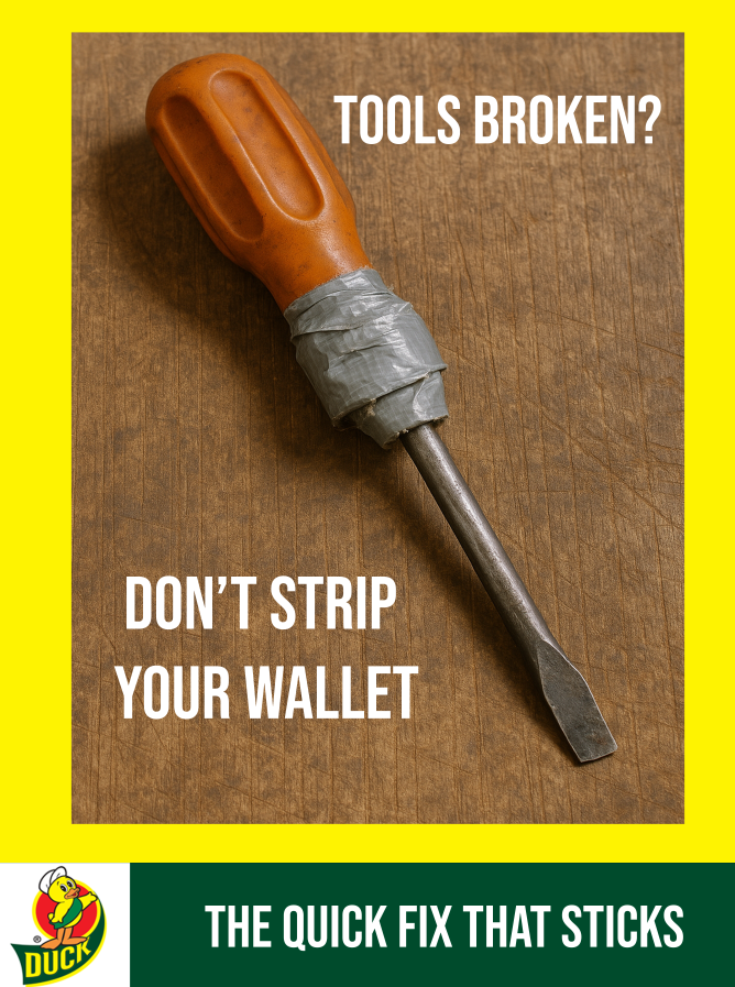 A screwdriver with a tape-wrapped handle on a wooden surface, with text reading 'Tools broken? Don't strip your wallet. The quick fix that sticks' and a Duck brand logo.