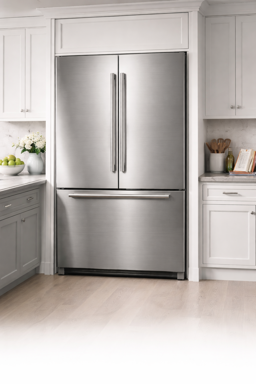 Modern kitchen with stainless steel fridge.png