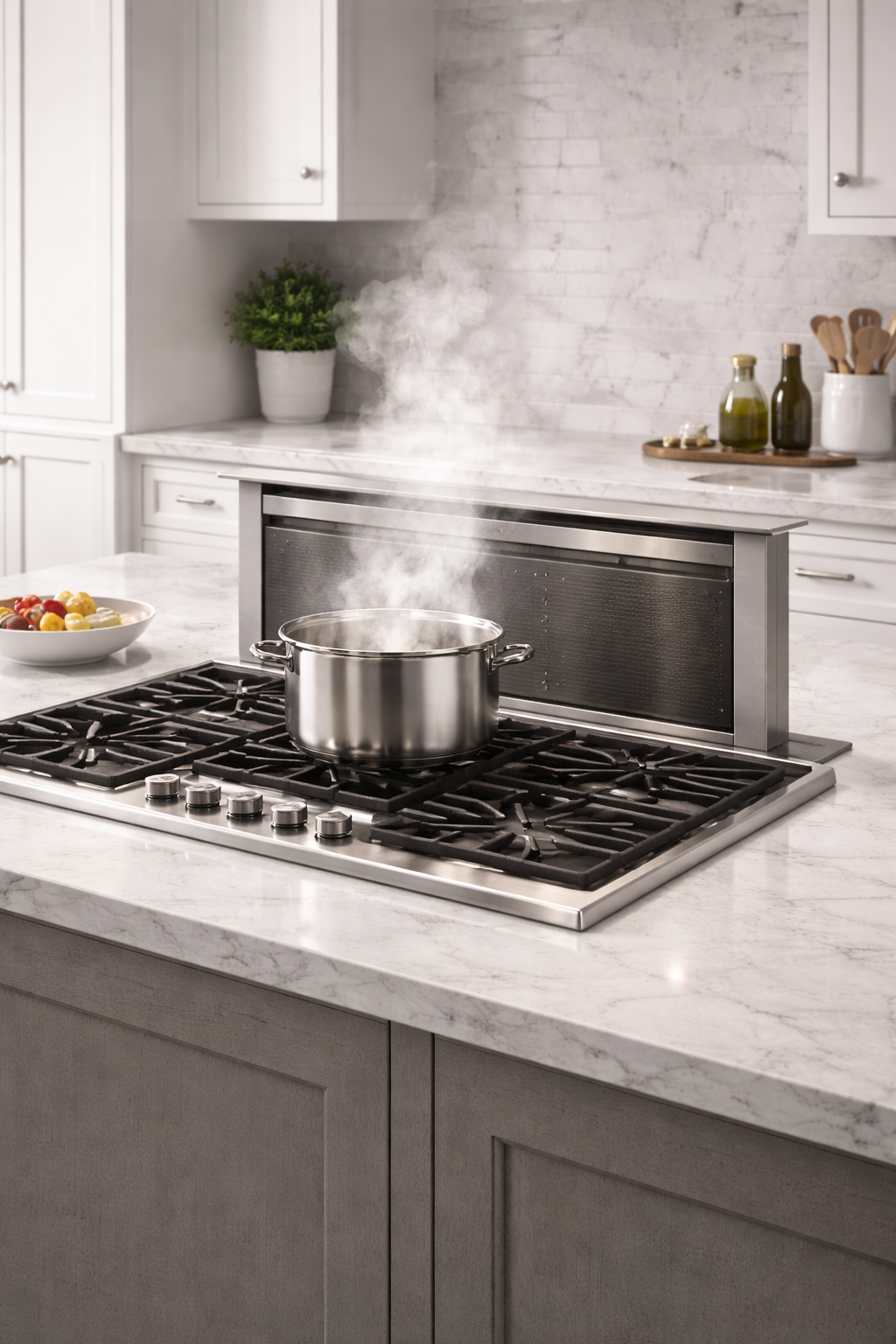 Pop up downdraft with a gas cooktop