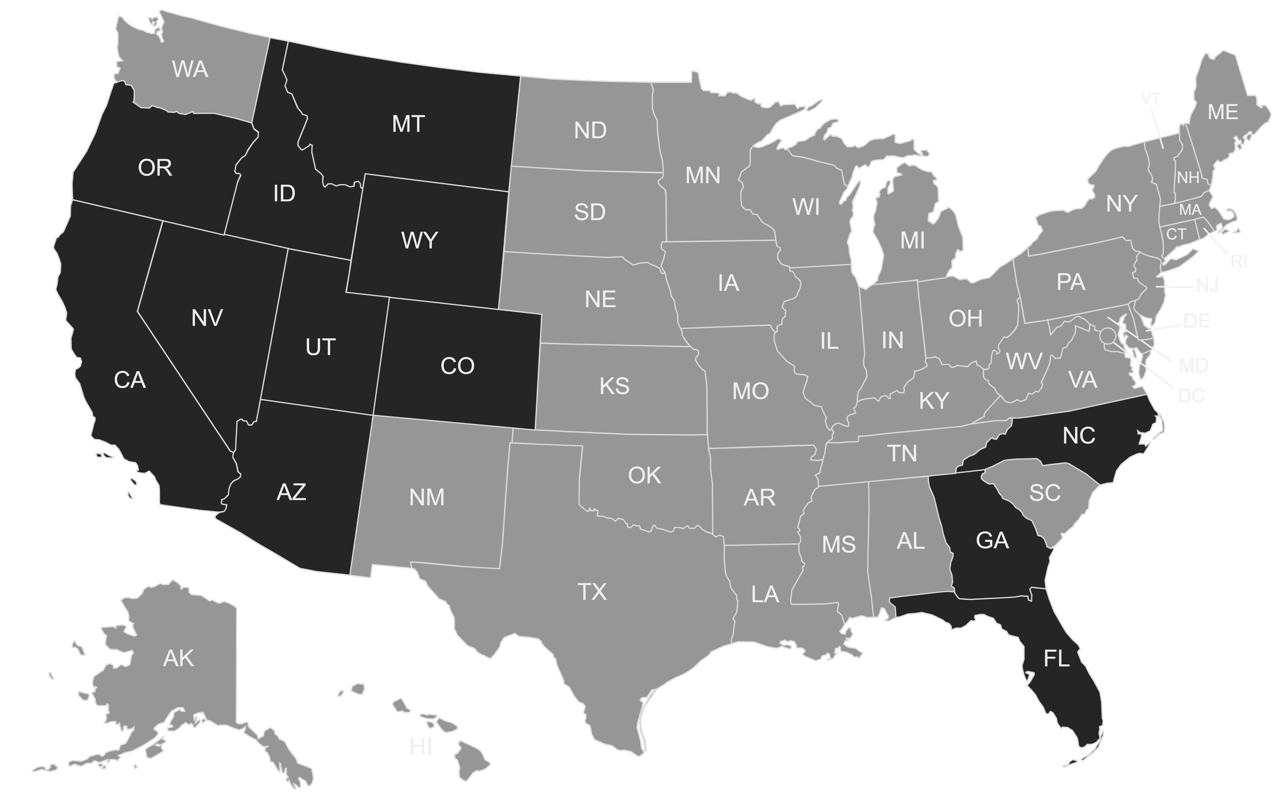 Map of the United States with states colored in black and gray, labeled with state abbreviations.