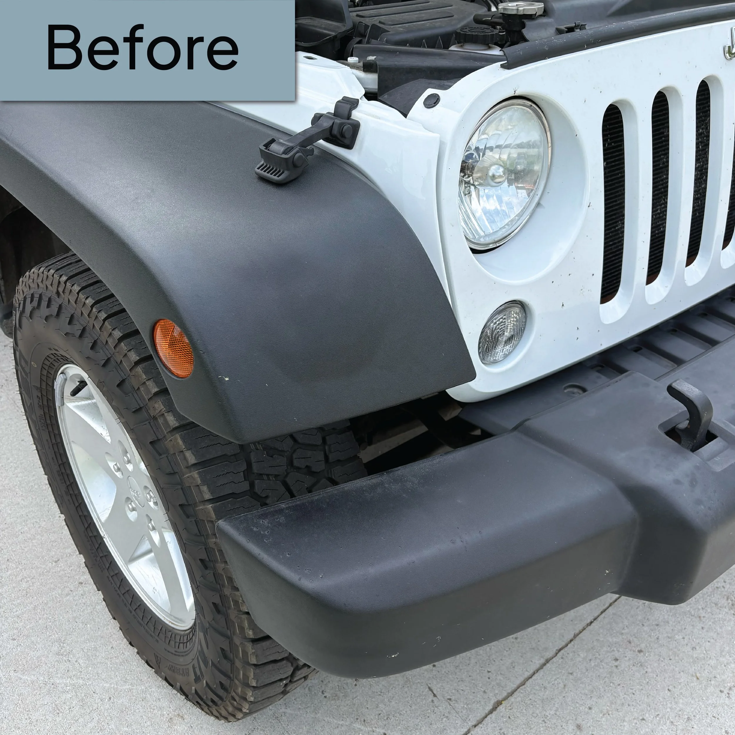 Front view of a white Jeep with visible headlight, tire, and hood, on a concrete surface, with an overlay labeled 'Before'.