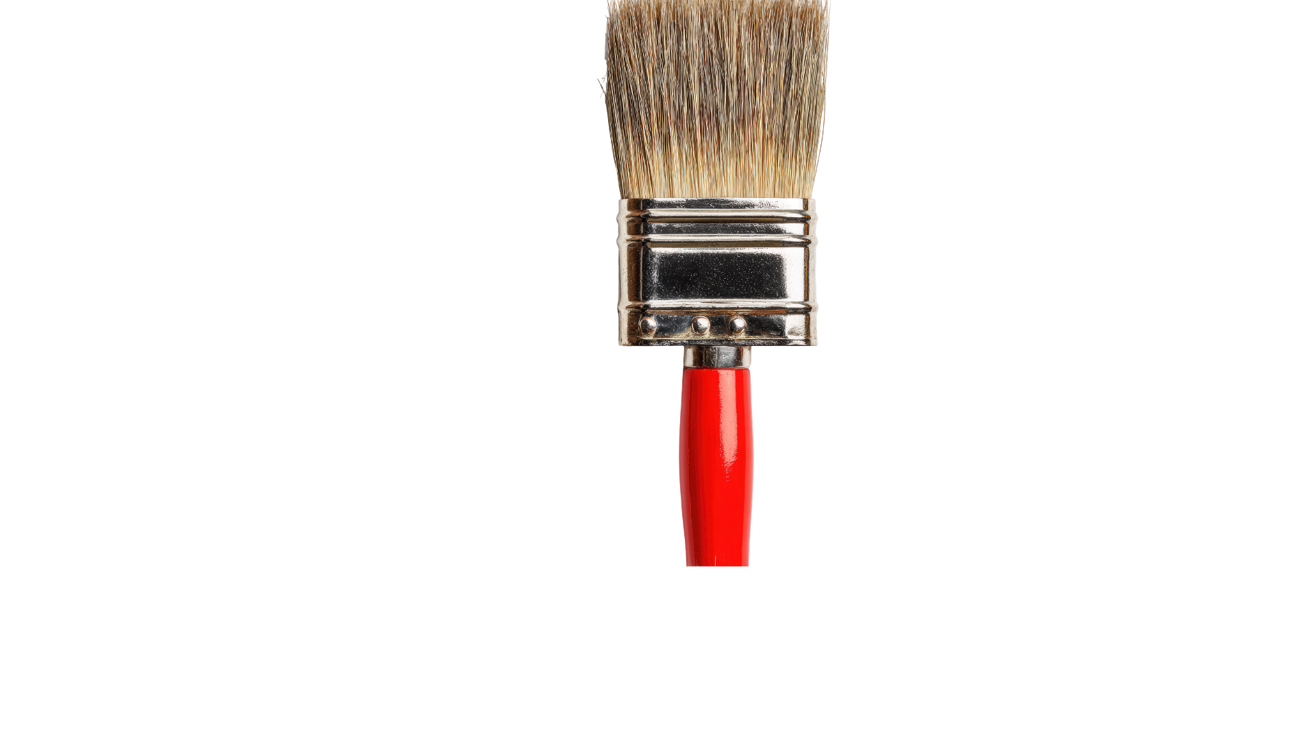 Close-up of a paintbrush with beige bristles and a shiny silver ferrule, set against a split background of black, light pink, and salmon colors.