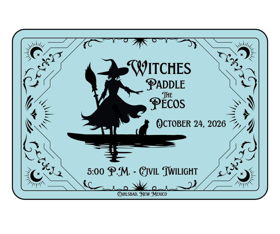 A themed event ticket for a gathering called 'Witches Paddle' at The Pecos in Carlsbad, New Mexico on October 24, 2026, at 5:00 PM during Civil Twilight.