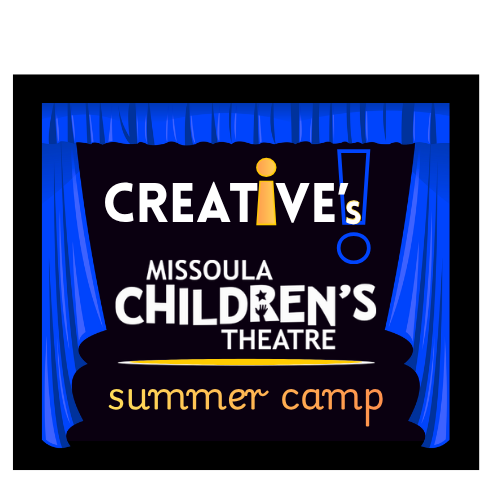Logo for Missoula Children's Theatre summer camp featuring 'Creative Minds' written with a yellow exclamation mark, blue curtains, and a black background.