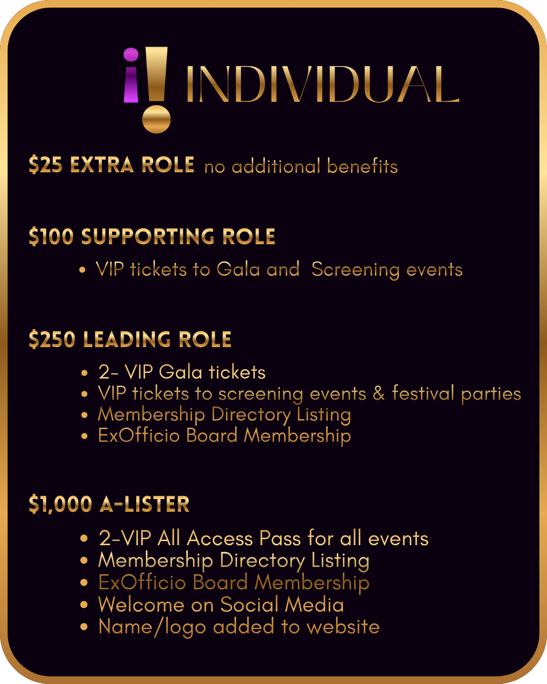 A pricing and membership levels chart with gold and purple accents, listing different roles and benefits for an organization or event.