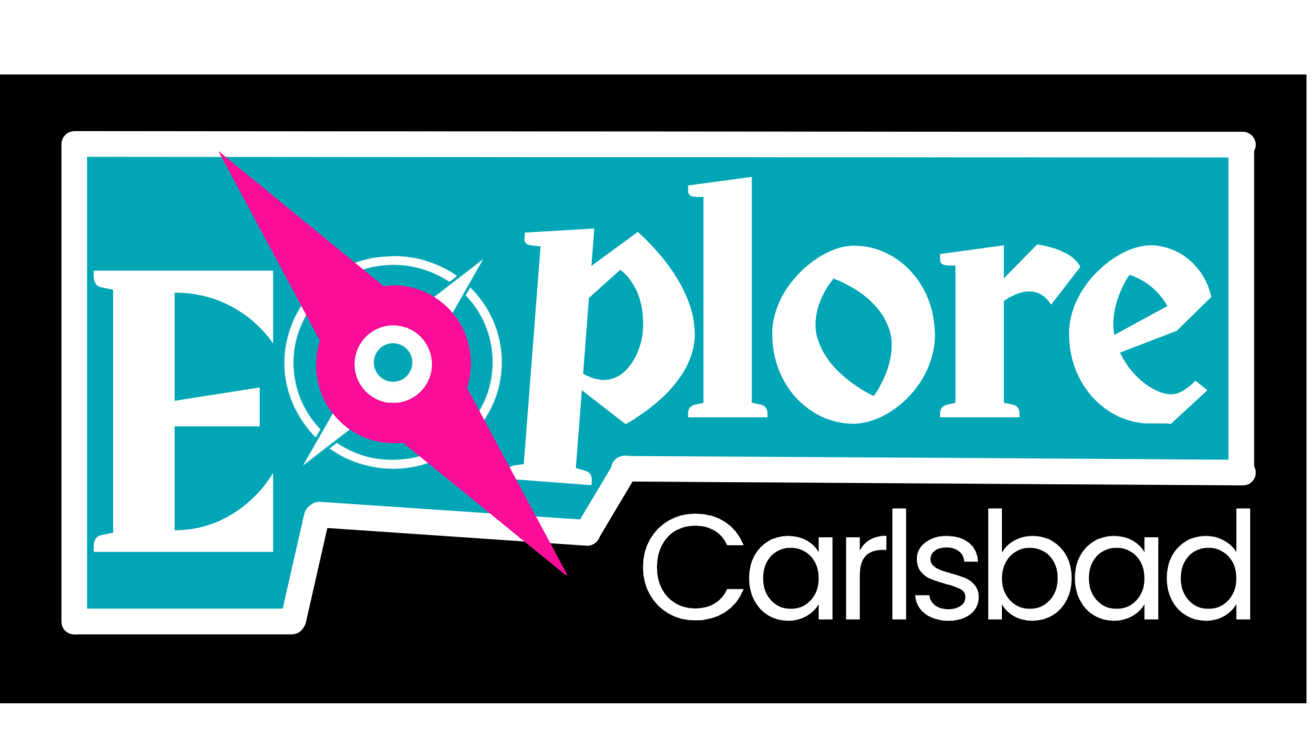Logo for Explore Carsbad with a black background, blue rectangular shape with the word 'explore' in white, stylized text, a pink compass icon, and the word 'Carsbad' in black underneath.