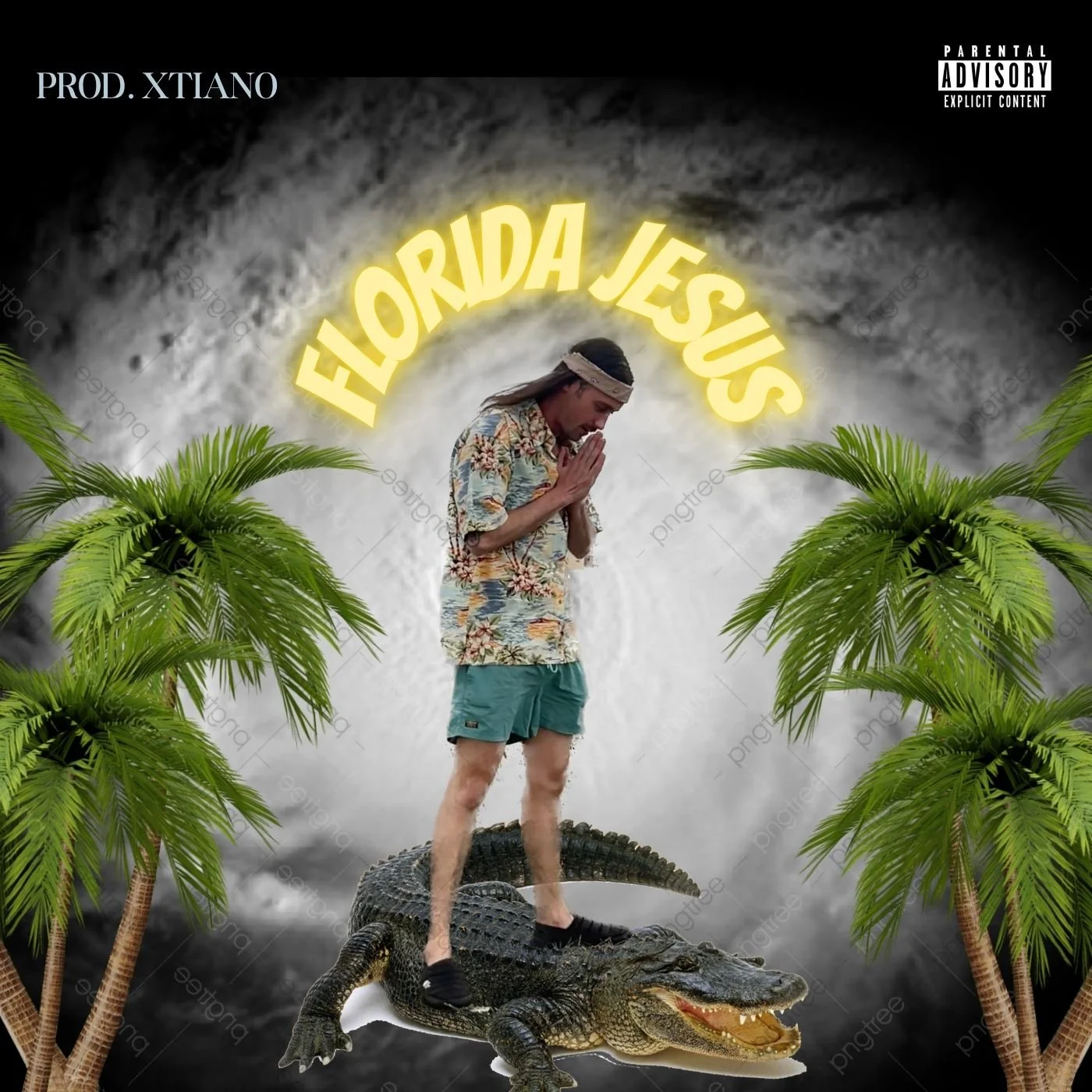 Person standing on a crocodile with hands pressed together, surrounded by palm trees, with the words 'Florida Jesus' in bright yellow text above and a stormy sky in the background.
