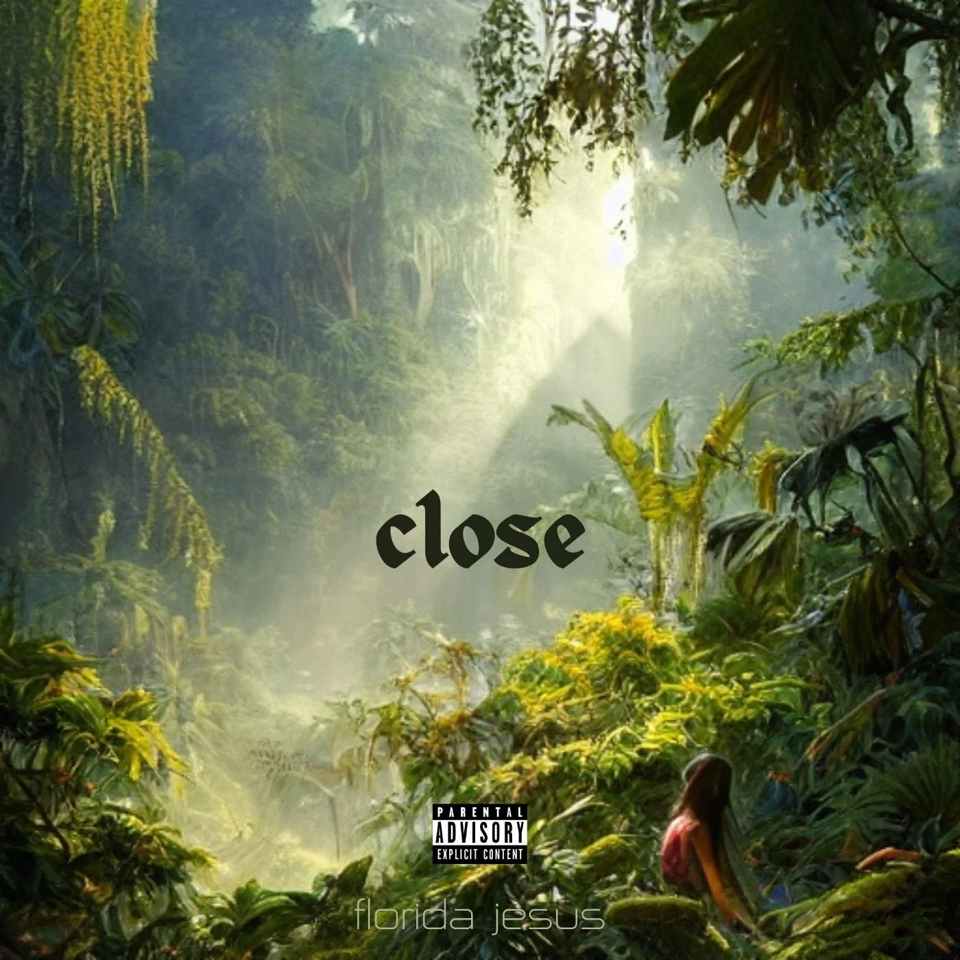 Album cover featuring a lush green jungle with sunlight filtering through dense foliage. The word 'close' is written in black in the center, and at the bottom, it says 'florida jesus.' There is a small photo of a woman sitting among the greenery in the lower right corner, and a parental advisory label near the bottom center.