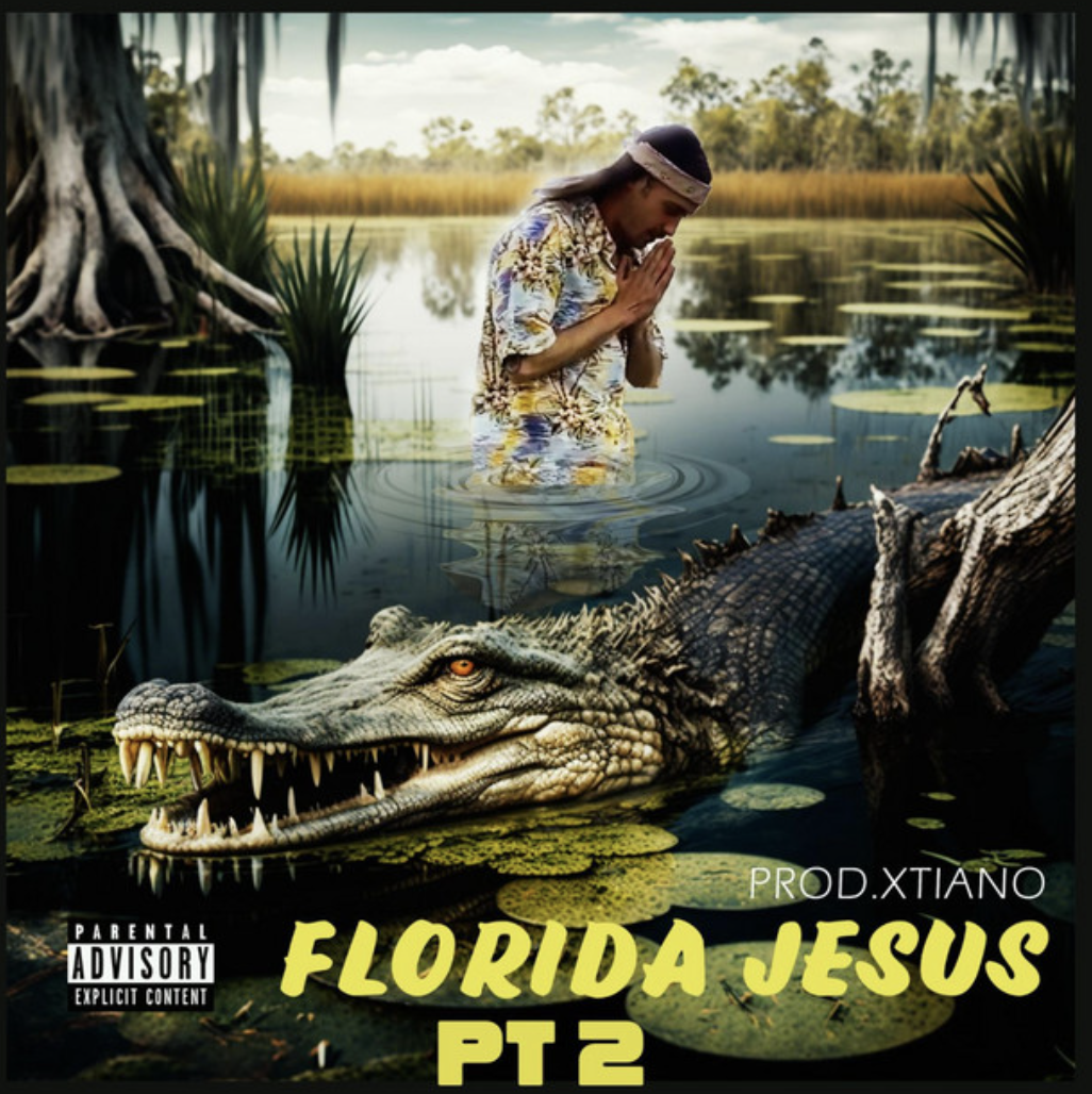 A man with long hair, wearing a patterned shirt and headband, stands in a swamp with his hands in prayer position. A large crocodile is partially submerged in the water nearby. The image is a digitally manipulated album cover titled 'Florida Jesus Pt 2' by PROD.XTIANO, with parental advisory label in the bottom left corner.