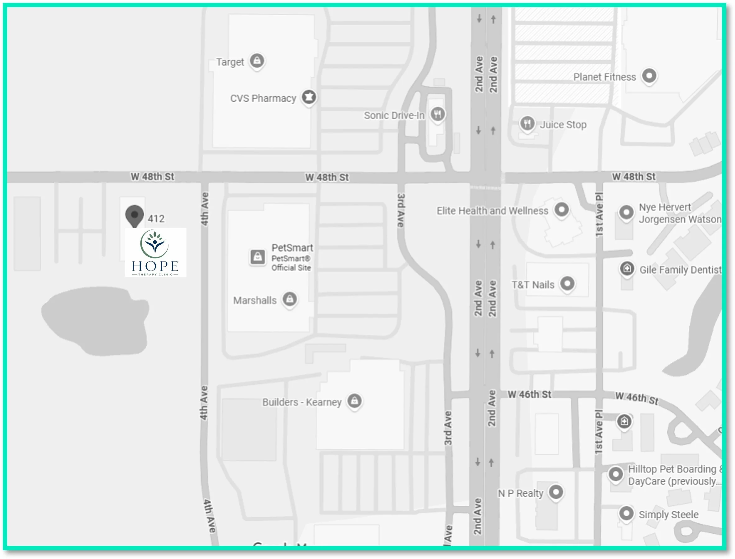 Map showing streets and landmarks near W 48th St and 4th Ave, including Hope Therapy Clinic, Target, CVS Pharmacy, Sonic Drive-In, PetSmart, and various other businesses.