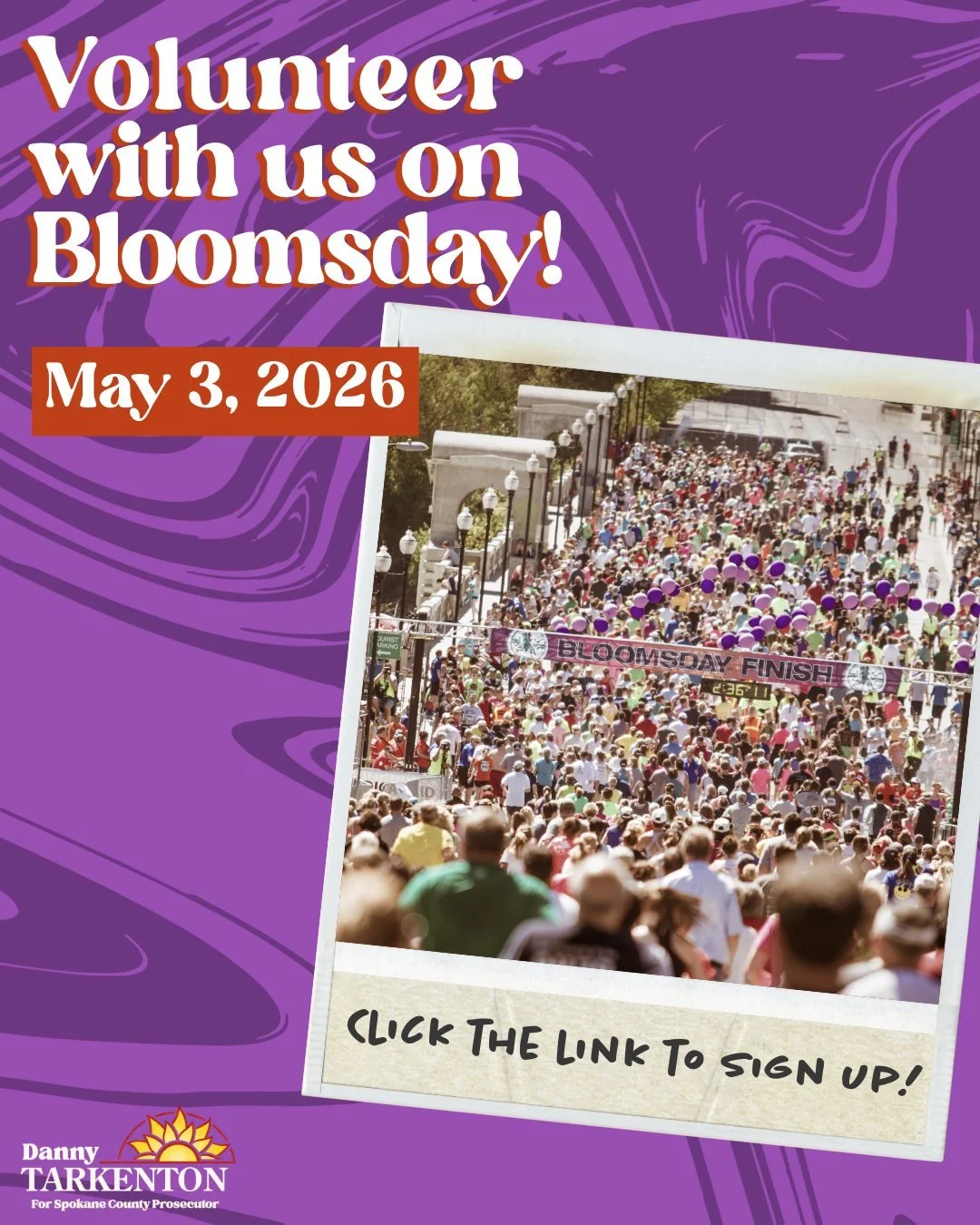 50,000 runners. One course. And Danny's name on every corner. 🌻

Bloomsday is May 3rd, and we need volunteers ready to show up, hold signs, and make noise. Show Spokane that justice has a name on this ballot. Movements aren't built in offices. They'