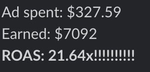 Screenshot of advertising metrics showing ad spend of $327.59, earnings of $7092, and ROAS of 21.64x with multiple exclamation marks.