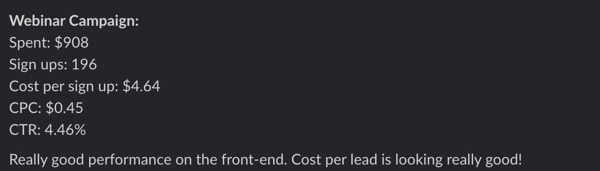 Text with online advertisement campaign statistics, including spend, sign-ups, cost per sign-up, CPC, and CTR, on a dark background.