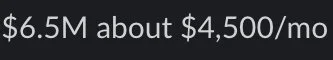 Text displaying a financial figure of $6.5 million and a monthly cost of about $4,500.